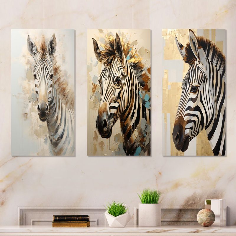 Ensemble de 3 décorations murales en métal zébré beige et doré, H 28 po x l 36 po