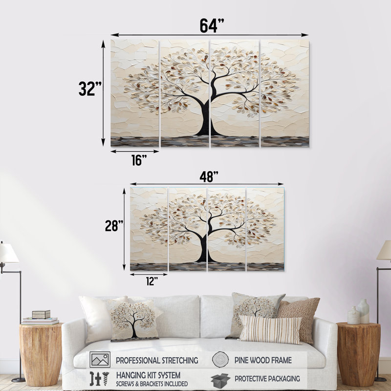 Ensemble de 4 décorations murales minimalistes en forme d'arbre monochrome, H 28 po x l 48 po
