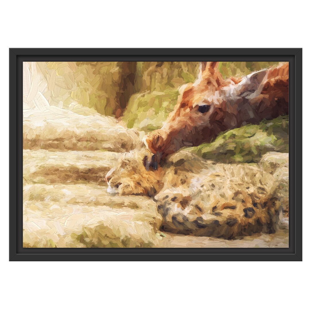 Gerahmtes Wandbild Leopard und Giraffe