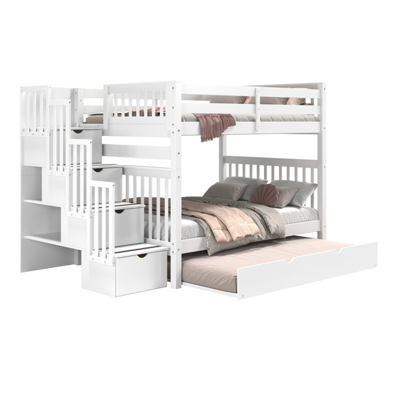 Tena Kids Bunk Bed with Drawers, White, Full Over Full with Full Trundle