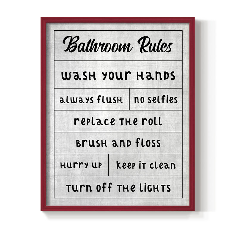 Simple Bathroom Rules Framed Print - Solid Wood, Red, 30" H x 24" W