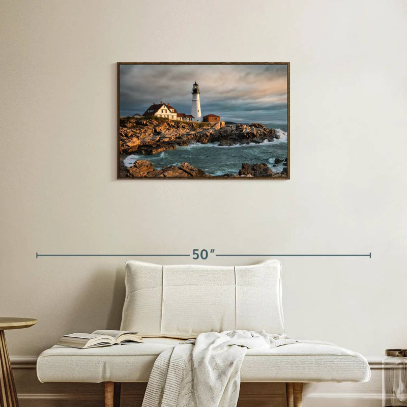 Phare de Portland Head, Maine, au lever du soleil, 31 po x 21 po, Cadre flottant noyer