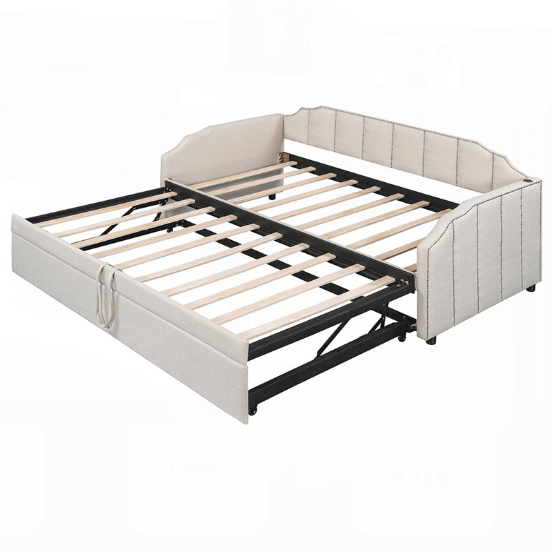 Upholstered Daybed with Pop-Up Trundle USB Charging Ports,  for Modern and Space-Efficient Living, Beige
