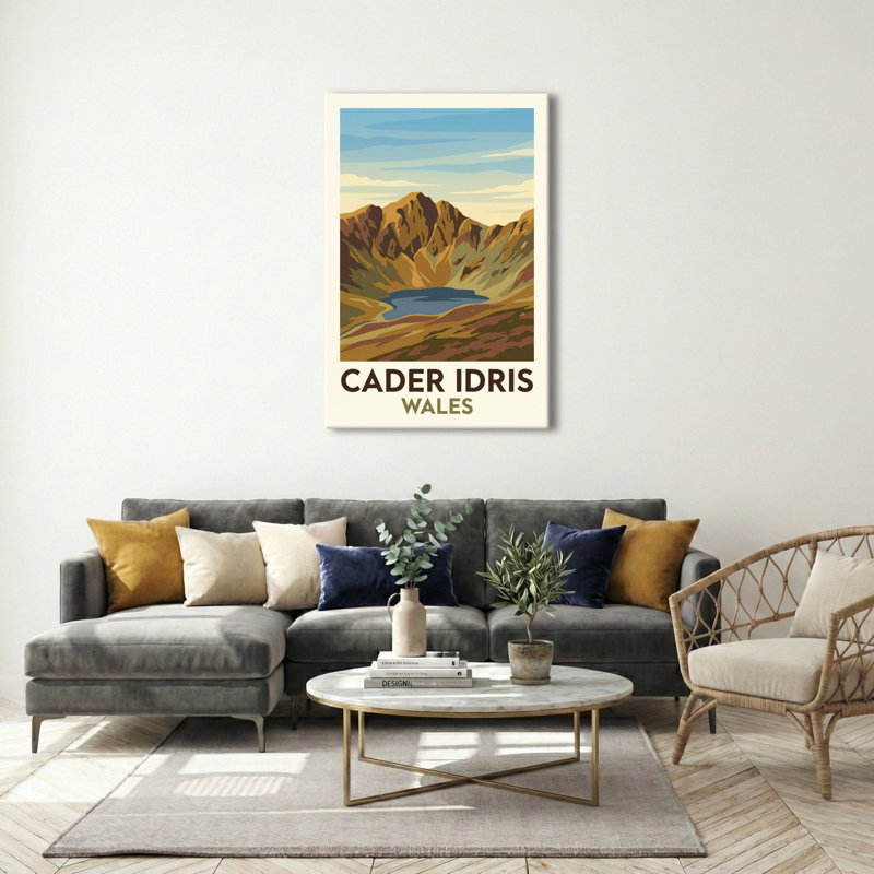 Cader Idris, Wales - Romantic Peaks and Llyn Cau Travel Poster. Giclee Print on Wrapped Canvas. Wall Art, Home Decor - Natural Landmarks, Wales 1 Piece Wrapped Canvas Wall Art