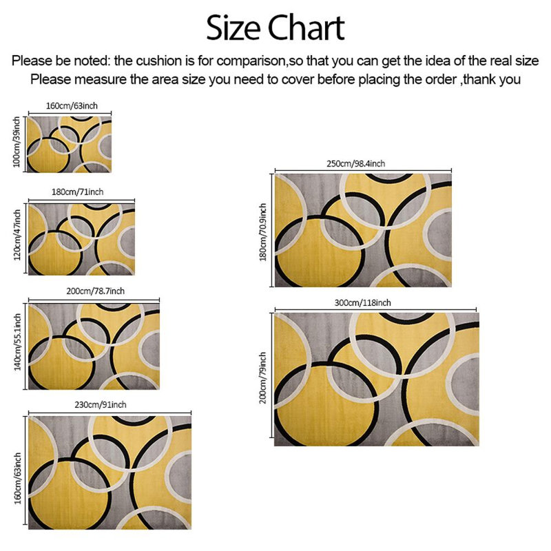 Modern yellow and gray geometric overlapping circle area rug for the living room, soft and comfortable, easy to maintain, machine-washable indoor rug, suitable for dining room, bedroom, home office, foyer, hallway, patio, and home decoration.