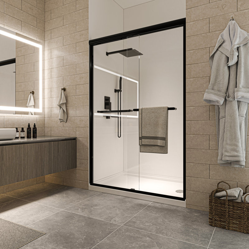 46"-48" W x 72" H Double Sliding Semi-frameless Shower Door with Two Handles, Matte Black
