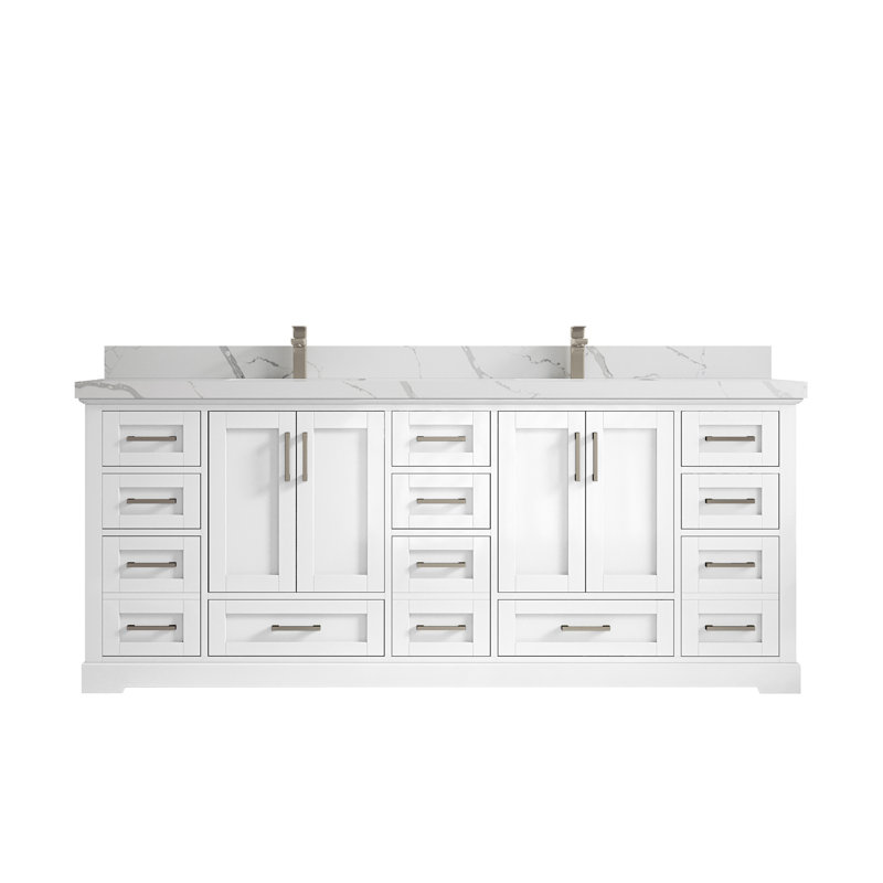 Ensemble de meuble-lavabo double 84 po Eser, Blanc, Quartz Calacatta Laza