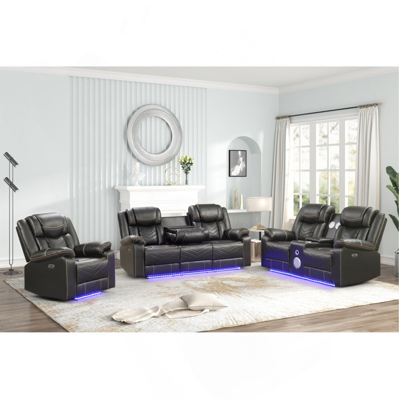 Causeuse inclinable électrique contemporaine avec console, rangement, porte-gobelet en acier inoxydable et enceinte Bluetooth