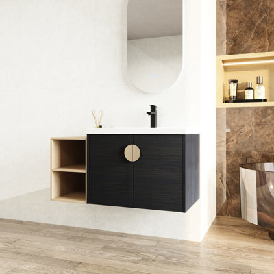 40 Inch Bathroom Cabinet, Black Chestnut, Soft Close Doors, Wall Mounted Design Vanity With Ceramic Basin, Mount