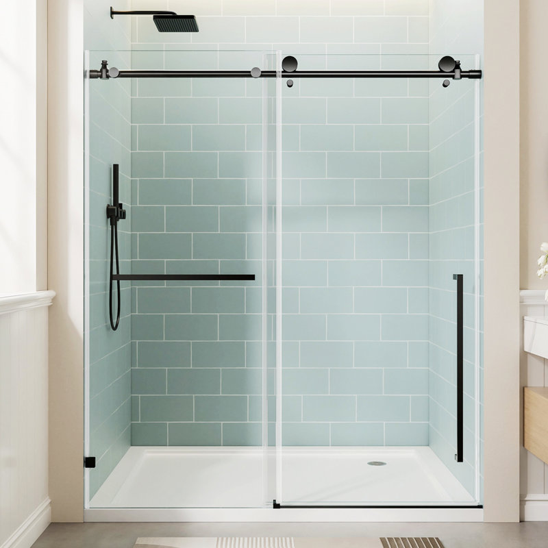 Porte de douche coulissante simple sans cadre, porte en verre trempé avec film antidéflagrant et poignée en acier inoxydable