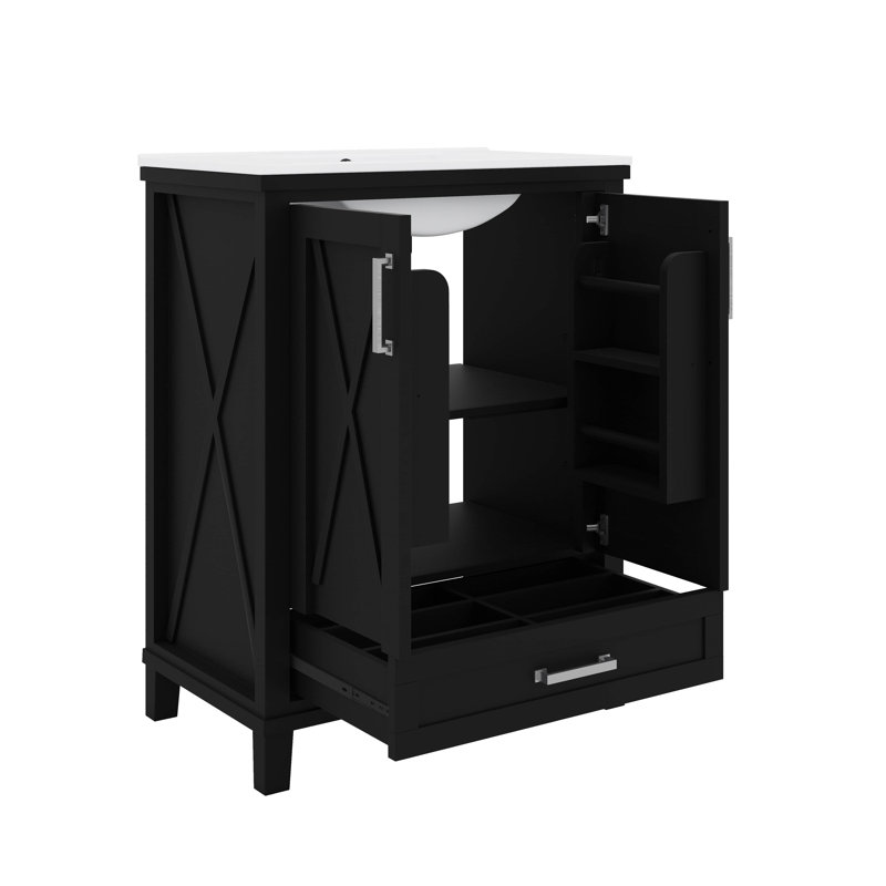 Meuble-lavabo pratique de 24 pouces avec lavabo simple, 2 portes à fermeture silencieuse, 1 tiroir cloisonné et 2 tablettes de rangement