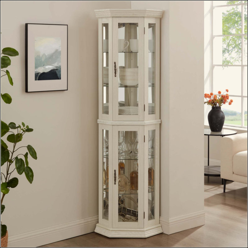 Lighted Corner Curio Cabinet - Glass Display Shelf With Tempered Glass Doors, Adjustable Shelving, And Included Bead Bulb - Ideal Bar Cabinet For Home Decor