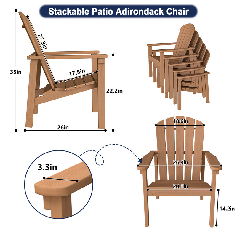 Stackable HDPE Adirondack Chair – Weather-Resistant Outdoor Seating for Patio, Lawn, or Fire Pit, Teak