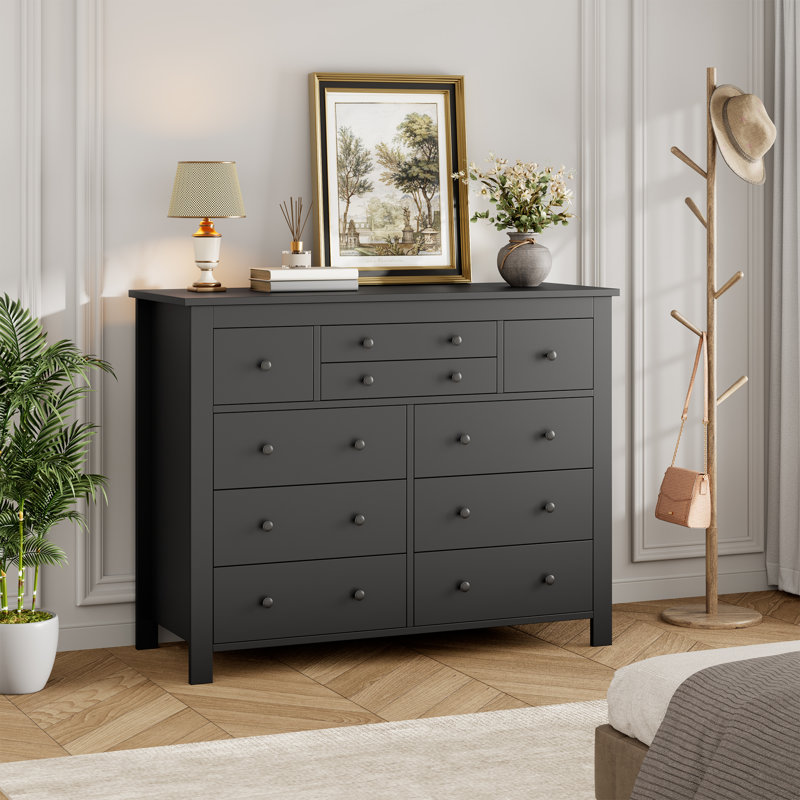 47'' Wide 10-Drawer Wooden Dresser, Long Chest of Drawers, Black