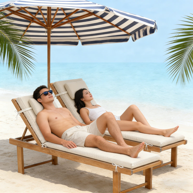 Fade Resistant Outdoor Chaise Lounge Cushions Set Of 2 For Pool, Patio, Lawn And Beach, Patio Lounger Cushion With 6 Pairs Of Securing Straps，Cream