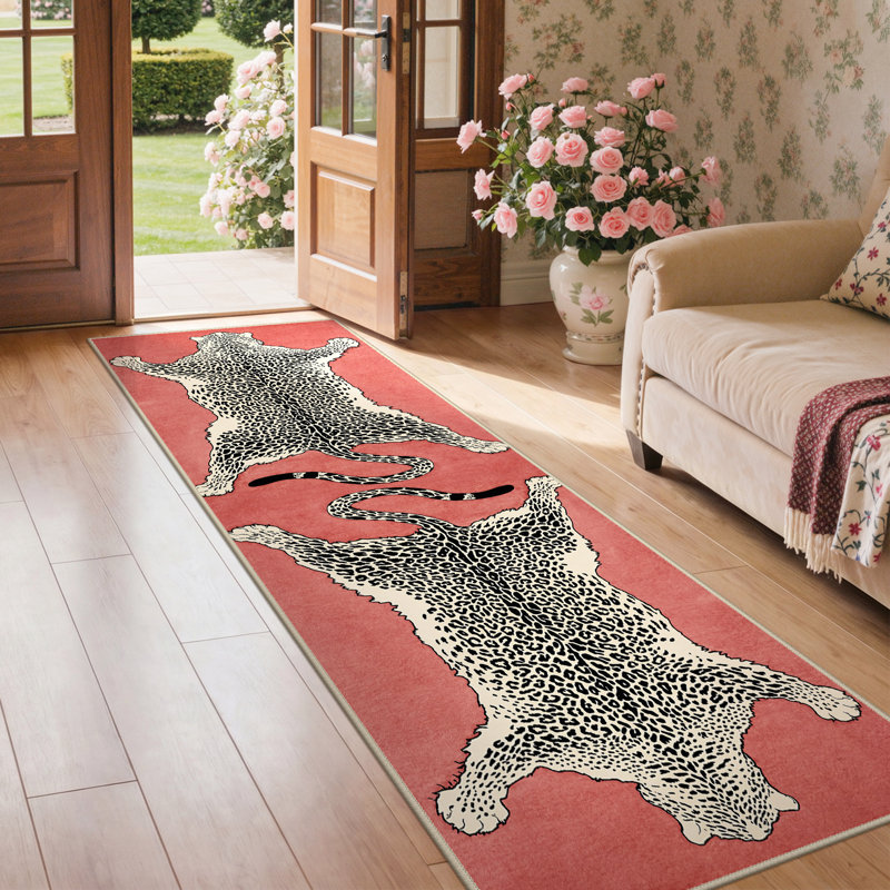 Alinda Talon Animal Print Red / Beige / Black Machine Washable Area Rug, Runner 2'3" x 6', Red / Beige / Black