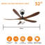 Ventilateur de plafond 52 po à 5 pales en bois massif avec éclairage extérieur et télécommande