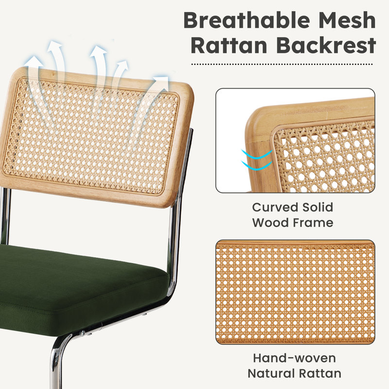 PU Leather Bar Stools With Woven Rattan Back And Metal Legs 1-Pack, Green Seat/Silver Frame