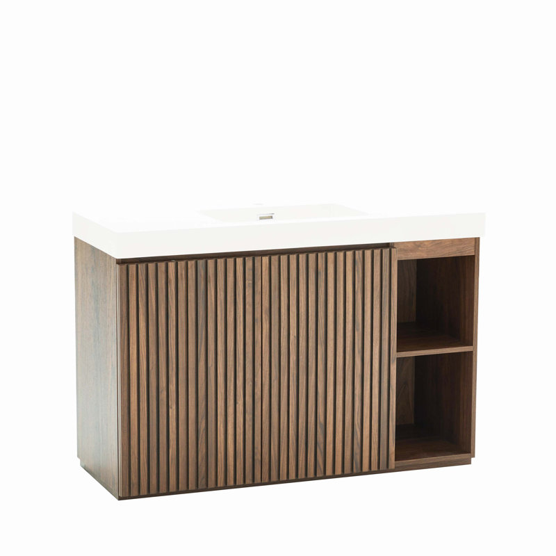 48F" Winston Walnut Freestanding Vanity With Sink, Spacious Storage, White Quartz Top, No Drain/Faucet, KD, Walnut Brown