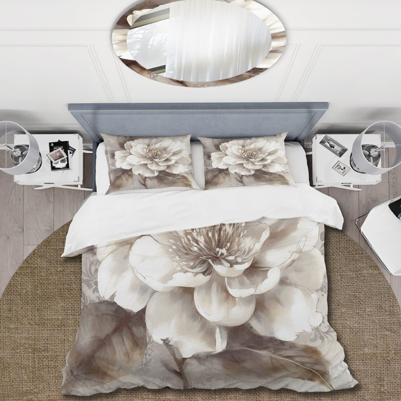 Grey Peonies On Branch III - Peonies Duvet Cover Set, Queen Duvet Cover + 2 Standard Shams