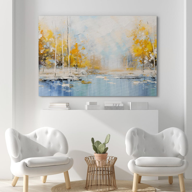 Forêt abstraite «Golden Reflections Autumnal Waterfront» sur, Toile tendue, H 24 po x l 36 po