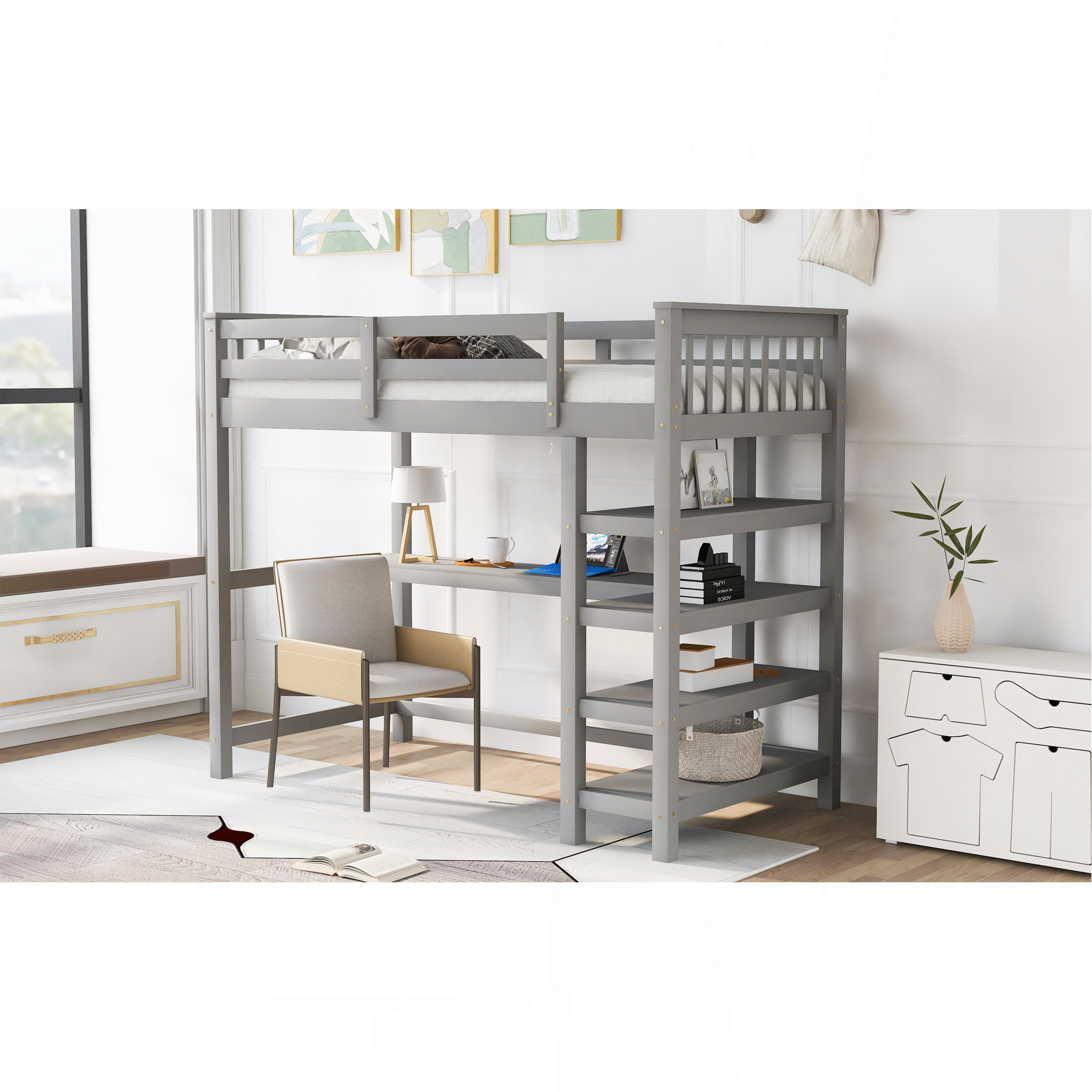 Latitude Run® Loft Bed With Storage Shelves And Under-Bed Desk
