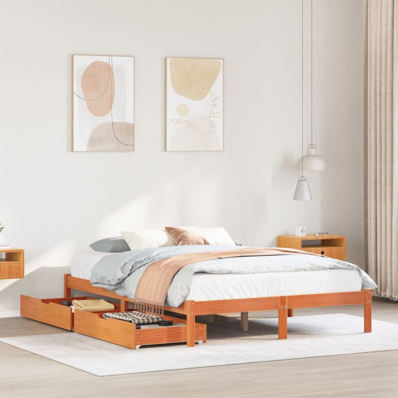Solid Wood Storage Bed, European Kingsize (160 x 200 cm), Wax Brown