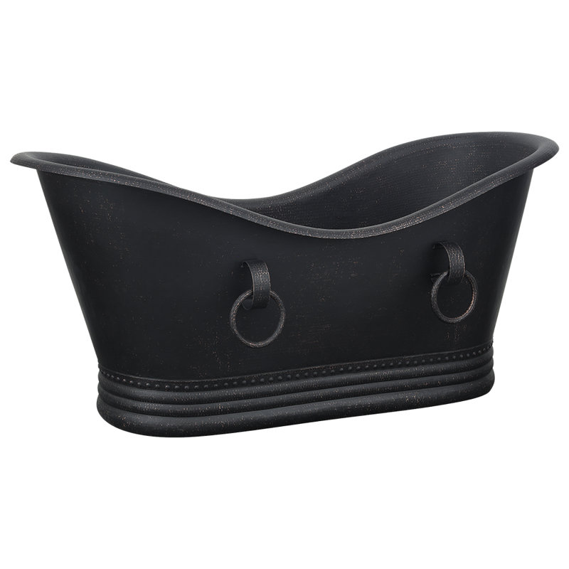 67" Hammered Double Slipper Bathtub With Rings, Glazed Black