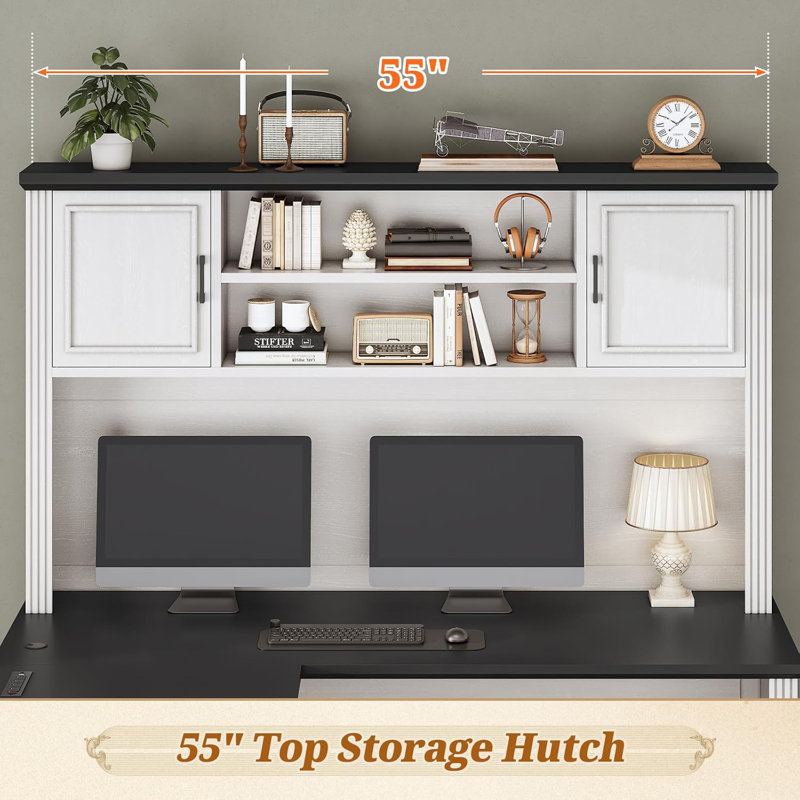 Farmhouse L Shaped Desk With Hutch And 3 Drawers, 68.9" Executive Office Desk With File Drawer And Power Outlet, Corner Computer Desk With Storage Shelves For Home Office,