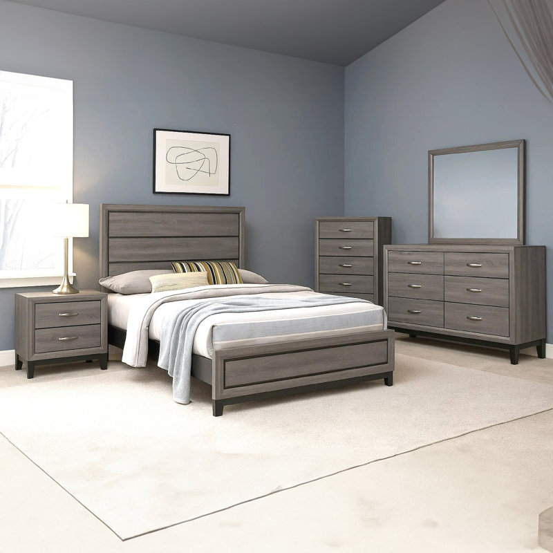Ensemble de lit double 5 pièces Mela, commode de table de chevet et miroir, chêne gris, Double