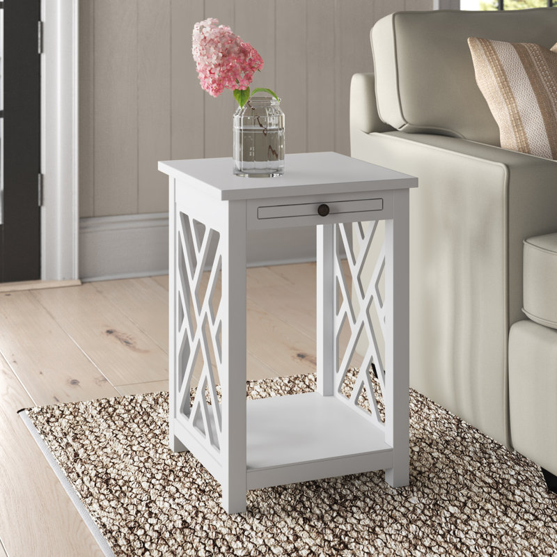 Lund 15.75" Wide Rectangular End Table With 1 Tray And 1 Shelf, White, White