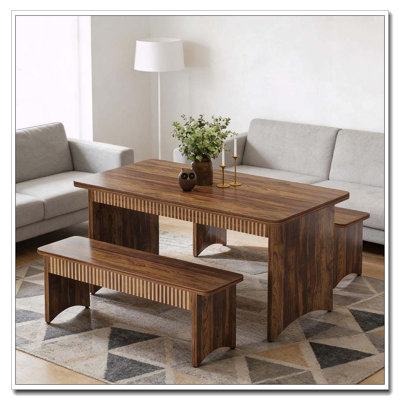 3-Piece Farmhouse Kitchen Table Set with 2 Benches