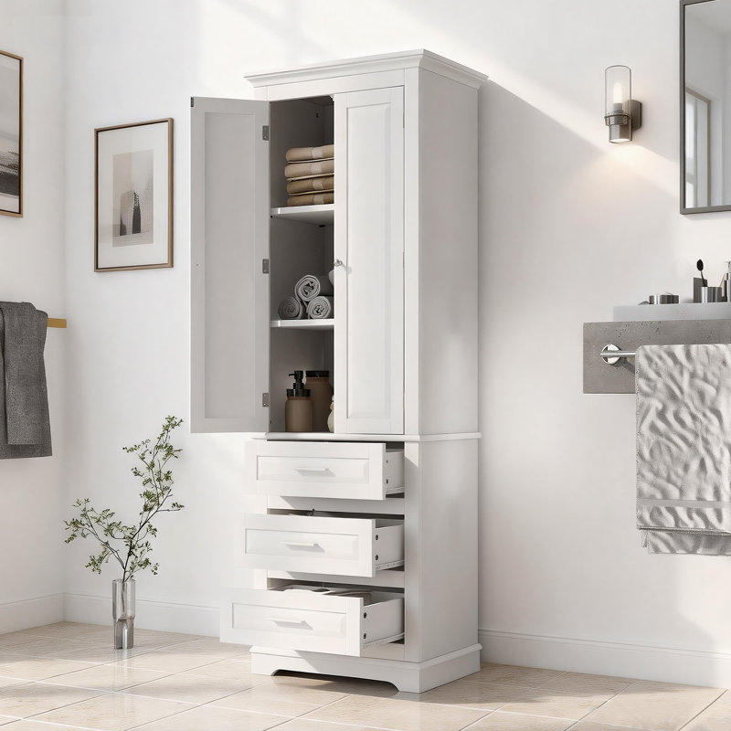 Slim Tall Storage Cabinet With Three Drawers - Multi-purpose Organizer For Bathroom Or Office, White