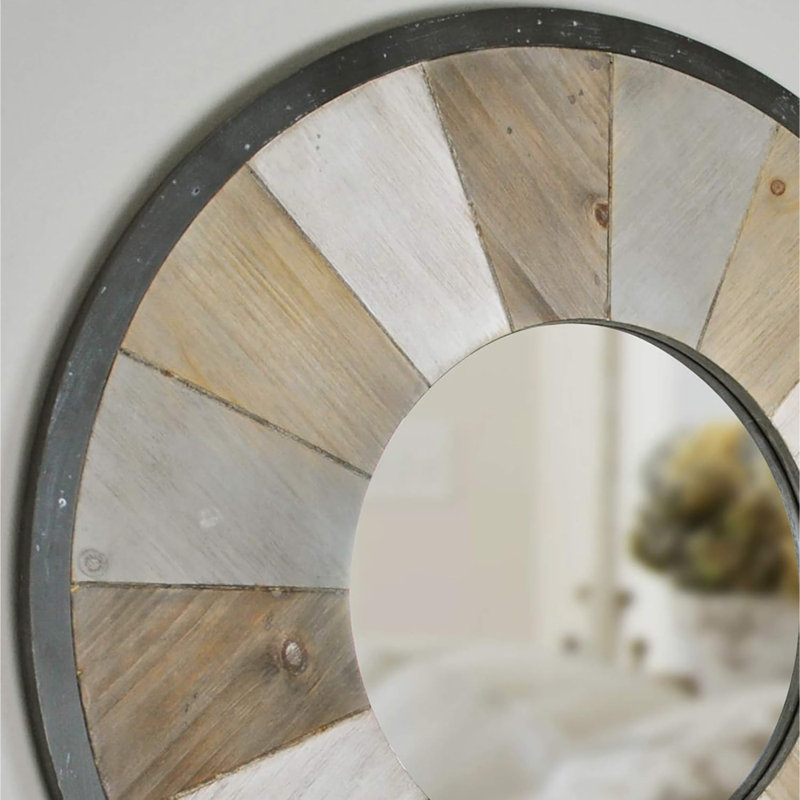 Grand miroir rond en bois rétro