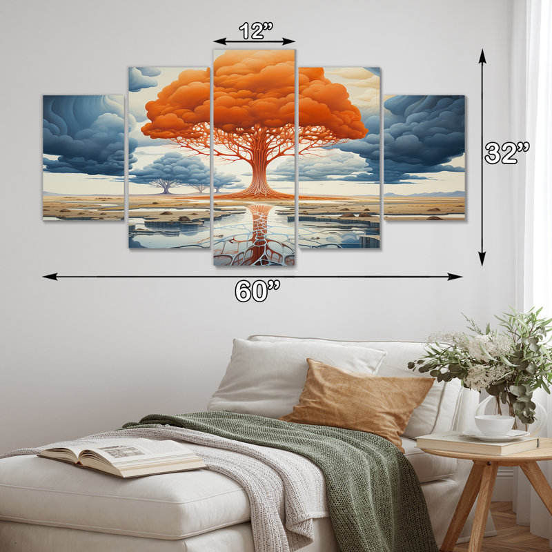 Arbre majestueux orange, art mural 5 pièces, H 32 po x l 60 po