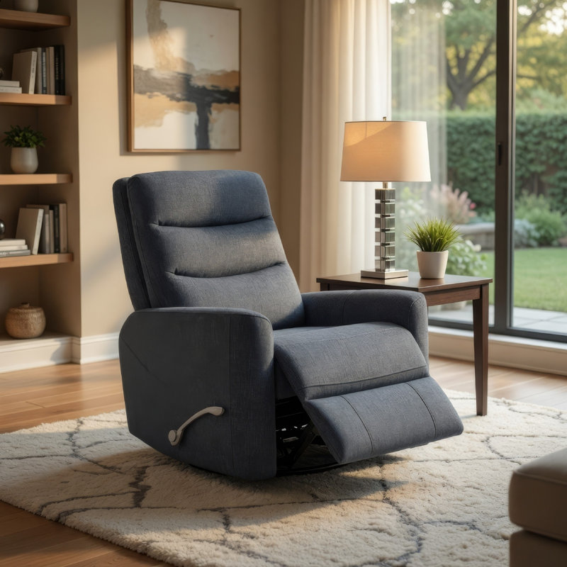 Aki Swivel Power Recliner Chair, Tufted Gray Polyester, Feather Blend, Granite Gray