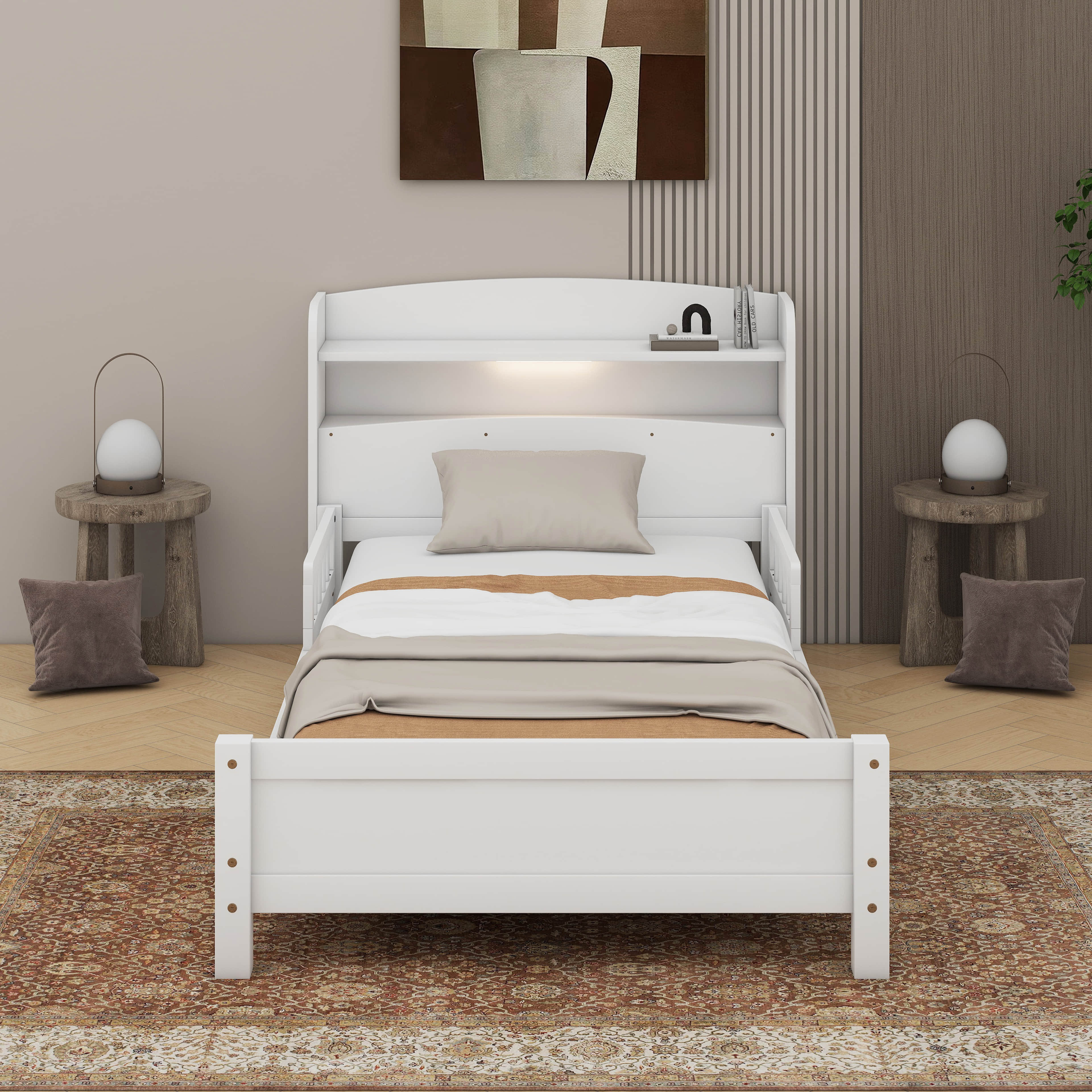 Latitude Run® Twin Pine Wood Bed With Bookcase Headboard ,LED Light ...