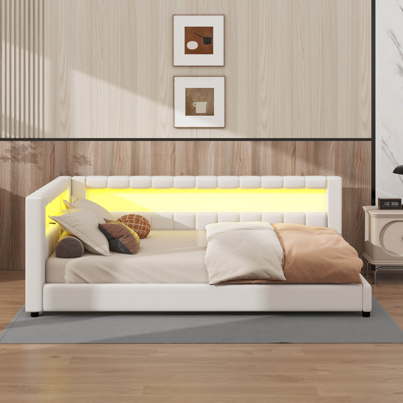 Upholstered Daybed With Storage Headboard, USB Ports & LED Belt, L-Shaped Platform Bed Frame, White, Twin XL
