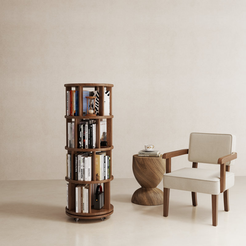 360° Rotating Solid Wood Bookshelf, Equipped with Brake Wheels, Allowing for Flexible Adjustment, Brown