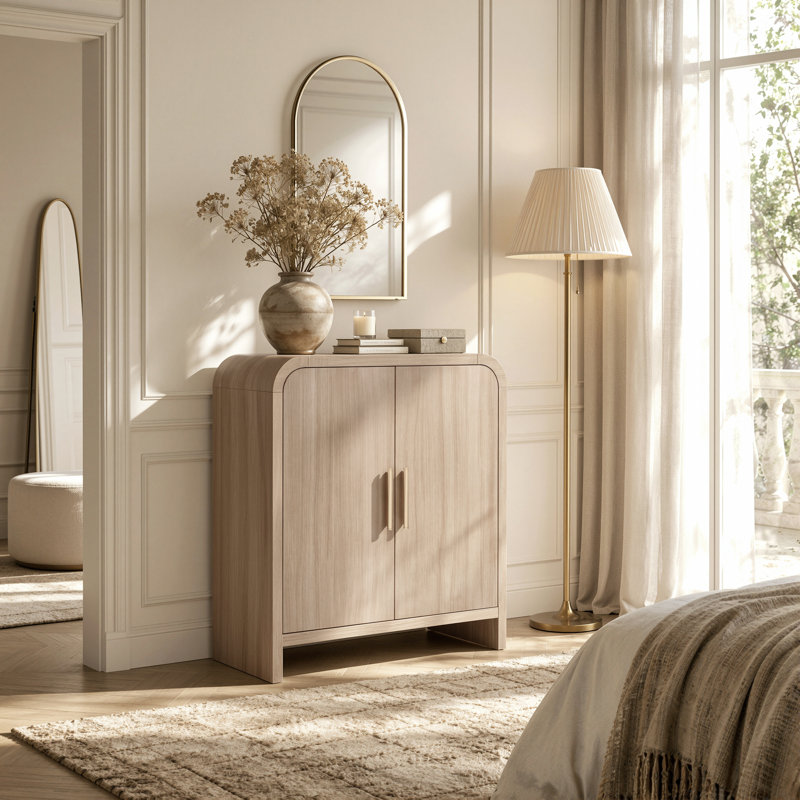 Buffet incurvé de 33 po, buffet moderne avec 2 portes et tablettes réglables, 1-Pack, Naturel