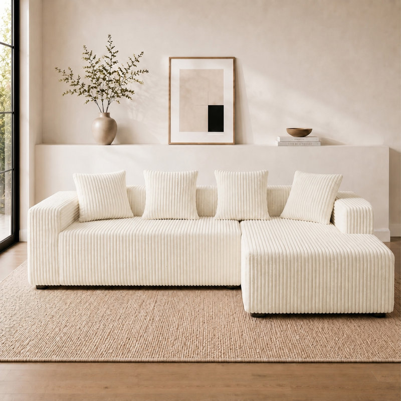 3 Seater Corduroy Sofa & Chaise, Beige, Right Hand Facing