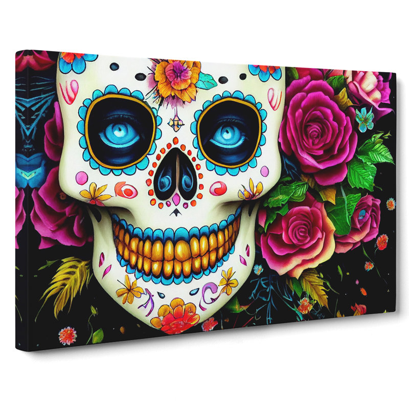 Bold Floral Sugar Skull - Wrapped Canvas, 50cm H x 76cm W x 3cm D