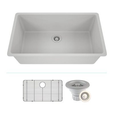 Évier de cuisine 32 po x 19 po en quartz, évier à simple cuve, évier encastré, évier sous comptoir, évier de cuisine en granite, avec grilles en acier et crépine, bride d'évacuation