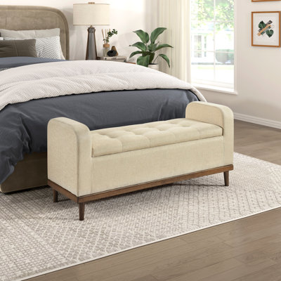 Bedroom Storage Bench Mid-century Modern Style, Brown Upholstered, Solid Wood Bench, Fabric,