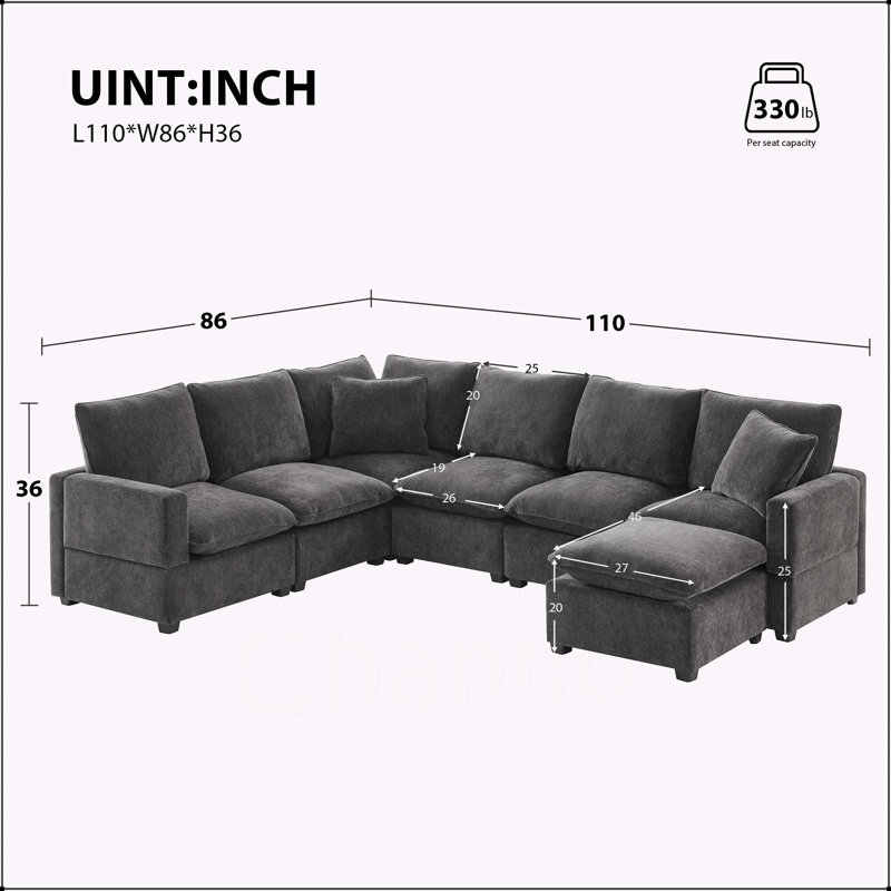110*86" Modern U Shape Modular Sofas, Black Grey Chenille