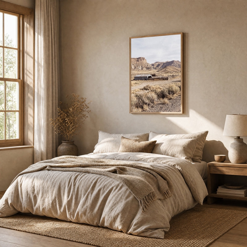 Tableau sur toile représentant un paysage de canyon désertique avec un enclos à moutons, H 48 po x l 36 po