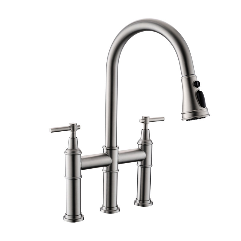 Kitchen Sink 3 Hole Faucet With Pull-Down , Brushed Nickel, 2 Handles, Stylish Classic Design, Brushed Nickel