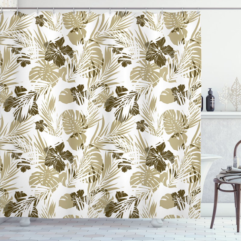 Floral Shower Curtain with Hooks Included, 75" H x 69" W, White Khaki
