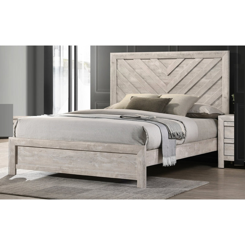 Lit double rustique gris avec motif géométrique beige - Mobilier de chambre à coucher motif contemporain