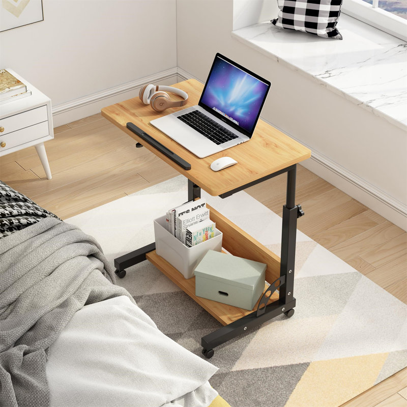 Adjustable Bamboo and Black Metal Rolling Laptop Cart